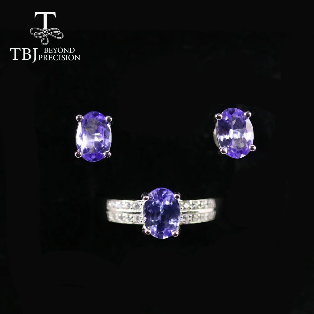 

TBJ ,Natural Tanzanite jewelry set oval cut 5*7mm 3 pieces earring ring 925 sterling silver fine jewelry simple design for women