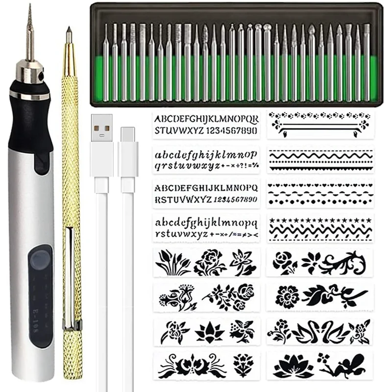 Recarregável sem fio Mini Engraver Pen, DIY gravura Kit de ferramentas para Metal, Vidro, Cerâmica, Plástico, Madeira, Stencils Jóias