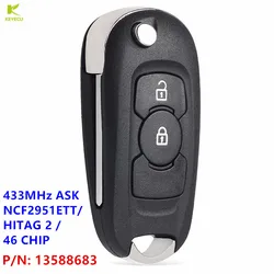 KEYECU Replacement Flip Remote Key 2Button 433MHz NCF2951ETT/HITAG 2 /46 CHIP for Opel/Vauxhall Astra K 2015-2019 P/N: 13588683