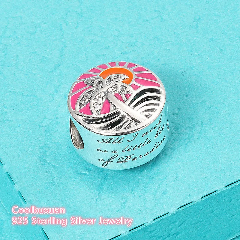 Summer Mixed Enamel Tropical Sunset Charms Beads 925 Sterling Silver CZ Palm Tree Bead Fit Pandora Bracelets Jewelry Making