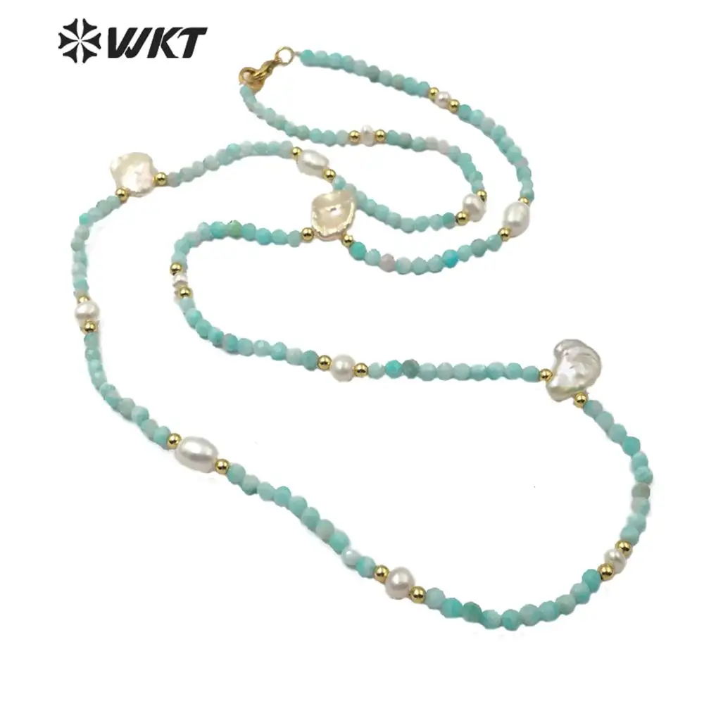 WT-N1181 Wholesale natural 3mm amazonite faceted beads Necklace Mint green and pearl Necklace ladies charm jewelry