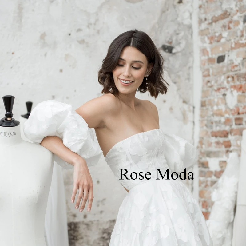 Rose Moda Removable Puff Sleeves Floral Organza Boho Wedding Dress with Slit Backless Destination Bridal Gown