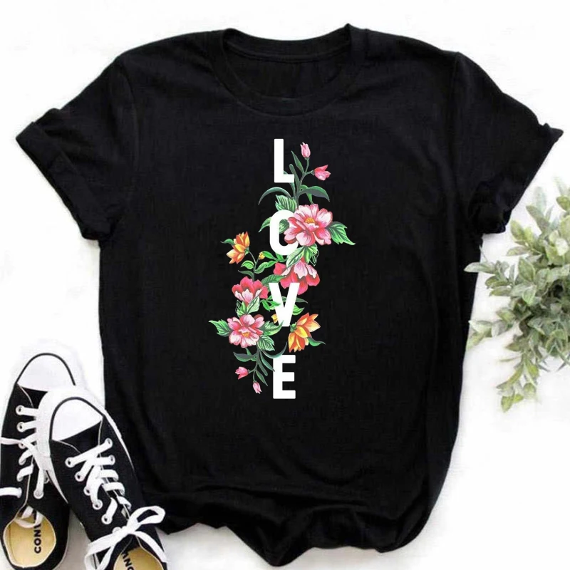 Maycaur Women T-shirts Floral Love T Shirt 90s Ladies Fashion Clothing Cartoon Clothes Short Sleeve Female Tees Valentine Tshirt