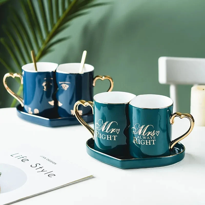 Modern Couple Cup Ceramic Mugs with Tray, Christmas Gift for Engagement, Wedding, Bridal Coffee Cup Set, Drinkware Breakfast