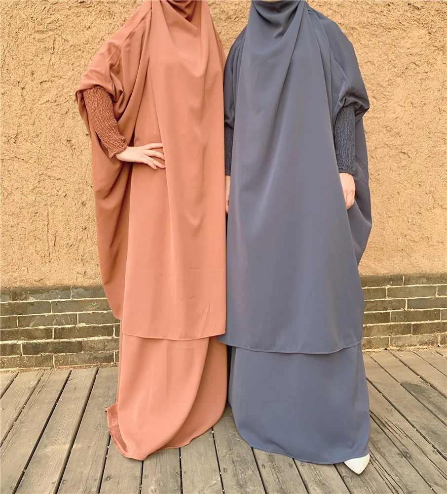 

2 Piece Set Muslim Women Prayer Garment Dress Overhead Hijab Long Khimar Abaya Caftan Ramadan Skirt Abayas Islamic Clothes Niqab