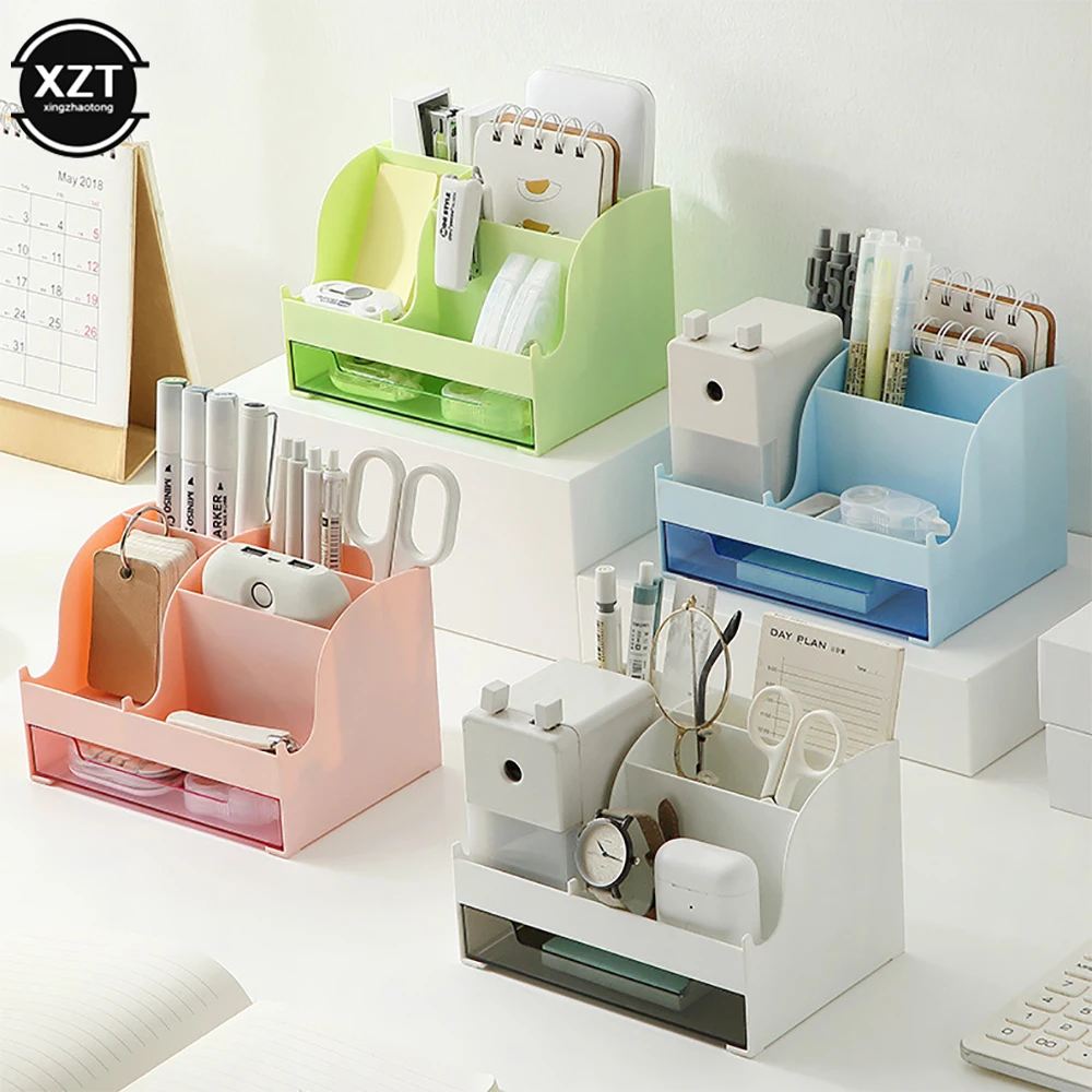 Large Capacity Desk Accessories Pen Holder With Drawer. Pencil Storage Box Desktop Organizer School Office Stationery