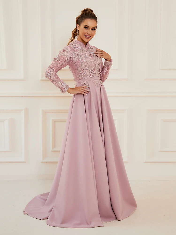 Long Sleeve Muslim Formal Dresses Pink Vintage High Neck Luxury Lace Appliques Spandex Satin Evening Dresses With Train