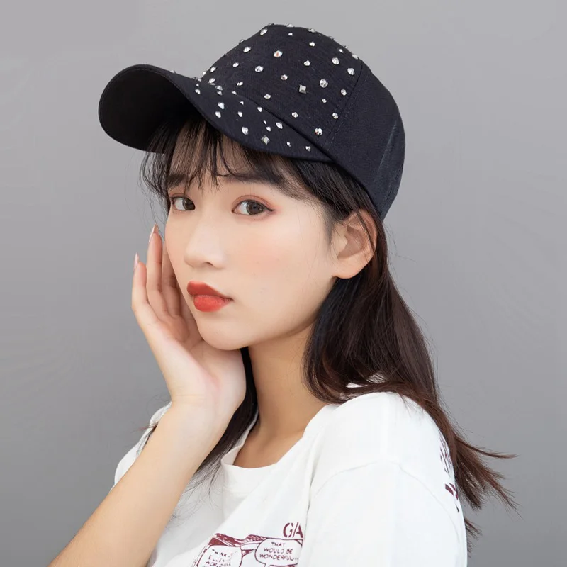 Unisex Streetwear Bone Cotton Rhinestone Breathable Mesh Sun Hat Summer Women Snapback Adjustable Rivet Ponytail Baseball Cap 83