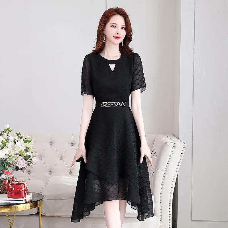 Irregular Hem Chiffon Summer Dress For Women 2024 Fashion O-Neck Short Sleeve Slim Knee-Length Zipper Oversize High Quality