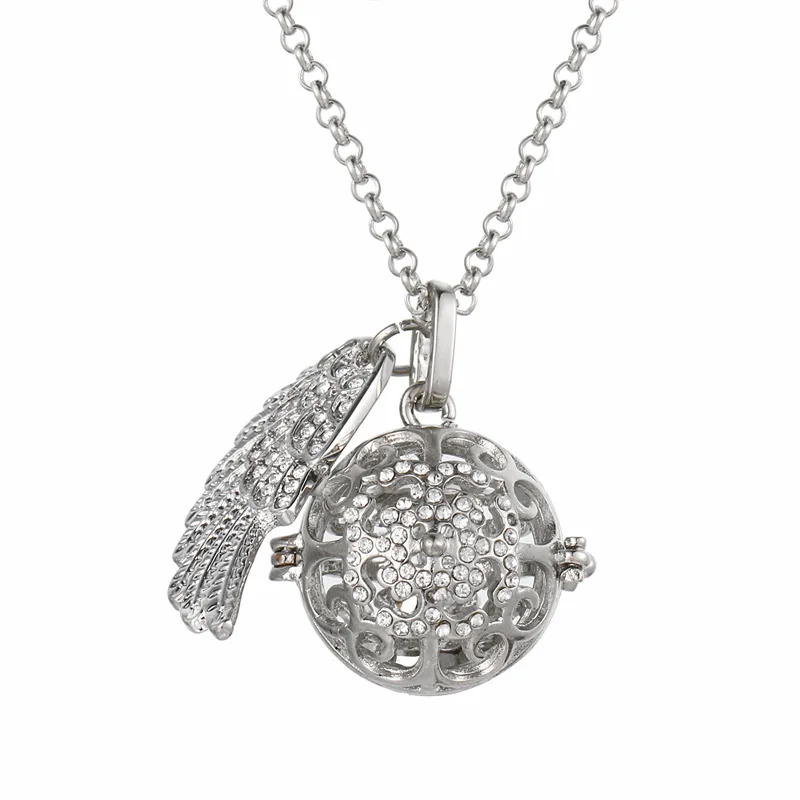 Mexico Chimes Angel Wings Zircon Necklace Aromatherapy Cage Feather Pendant Essential Oil Diffuser 16MM Music Ball Women Jewelry