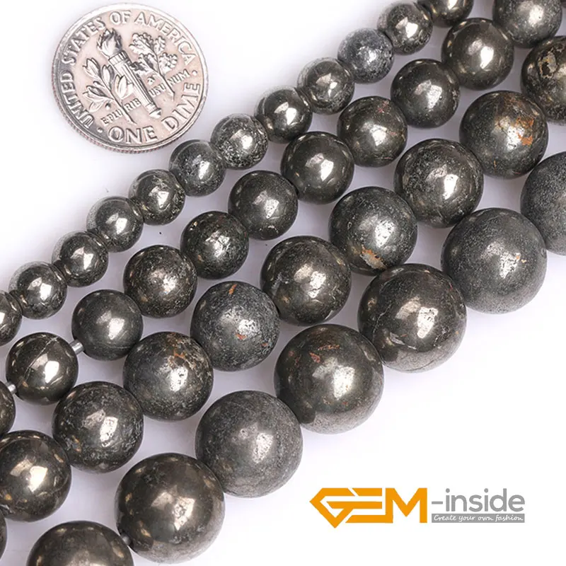 Natural Round Irony Gray Pyrite Stone Bead For Jewelry Making Strand 15 inch 2MM Big Hole Beads For Bracelet Necklace 6mm 8mm