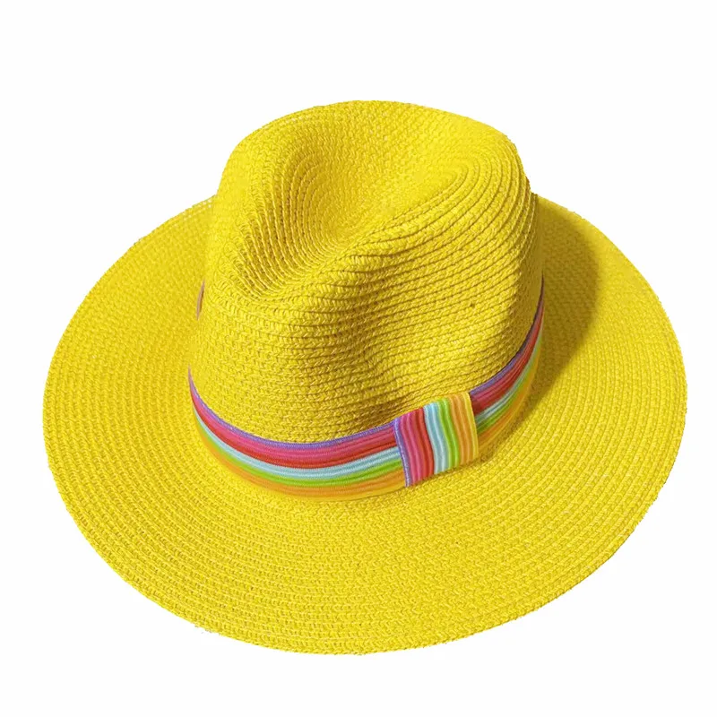 Women Summer Rainbow belt Yellow Panama Hat Sun Hats for Lady Man Beach Straw Hat for Men UV Protection Cap chapeau femme 2021