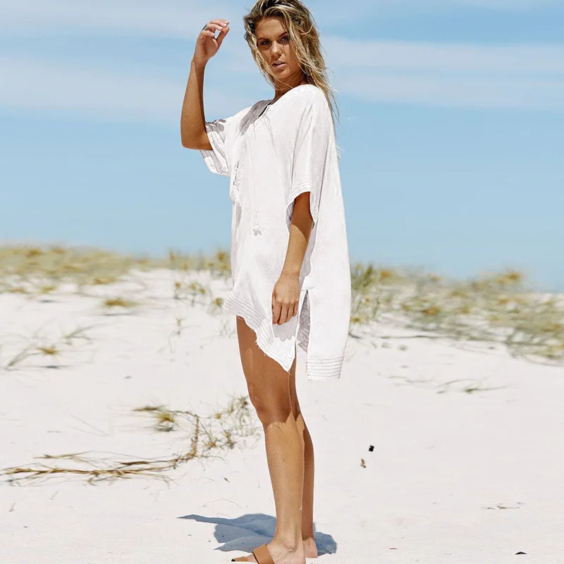 FORERUN-Vestido corto De Playa para mujer, Túnica holgada con cuello De pico, color blanco, para Playa