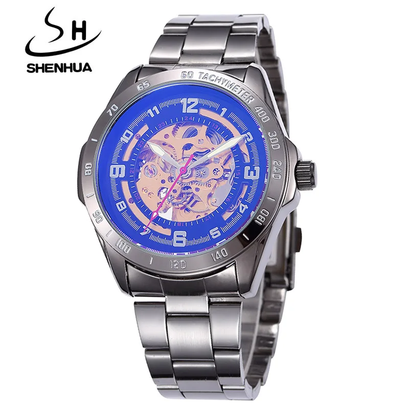 

SHENHUA Men Watches Black Automatic Self-winding Mechanical Wristwatches Men Fashion Men Skeleton Watches Relogio Masculino