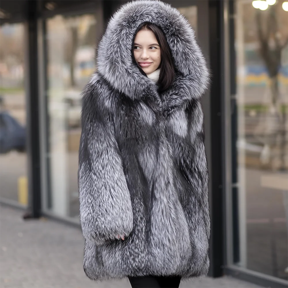 TOPFUR Big Hood Sliver Fox Fur Coat 2022 Natural Genuine Fur Tops Winter Female Thicken Warm Streetwear Fur Jacket Outertwear