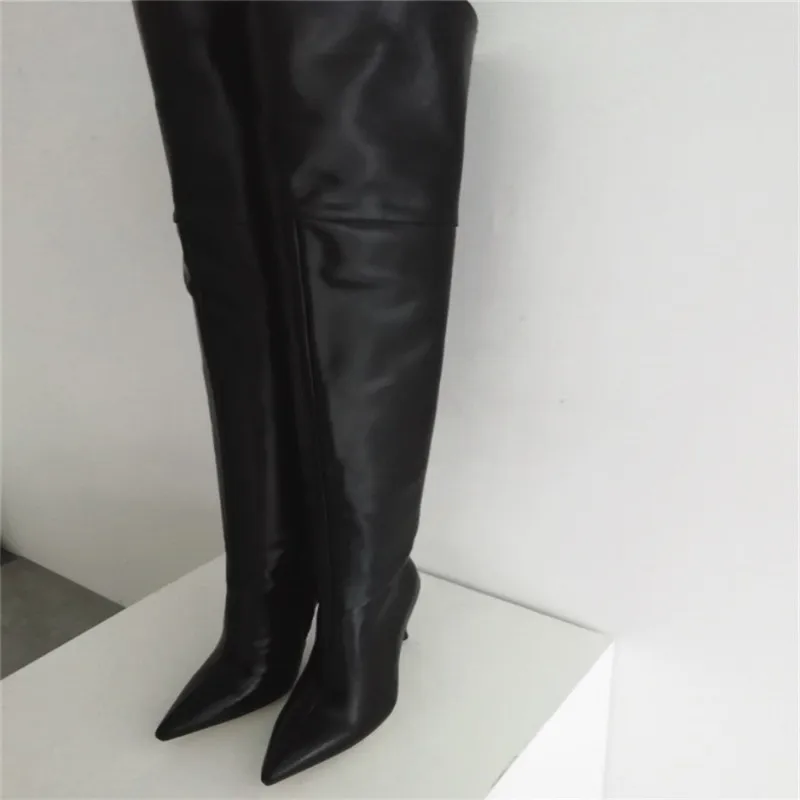 

Real Photo SUPER 2022 Women's Thigh High Boots Black Leather Lining Stiletto Heels 4 Season Shoes Botines Large Size 39 43 47