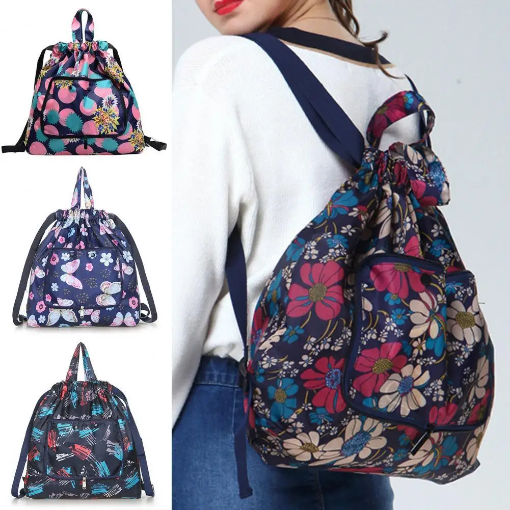 Foldable Flower Print Nylon Drawstring Waterproof Large Capacity Backpack Handbag for Shopping