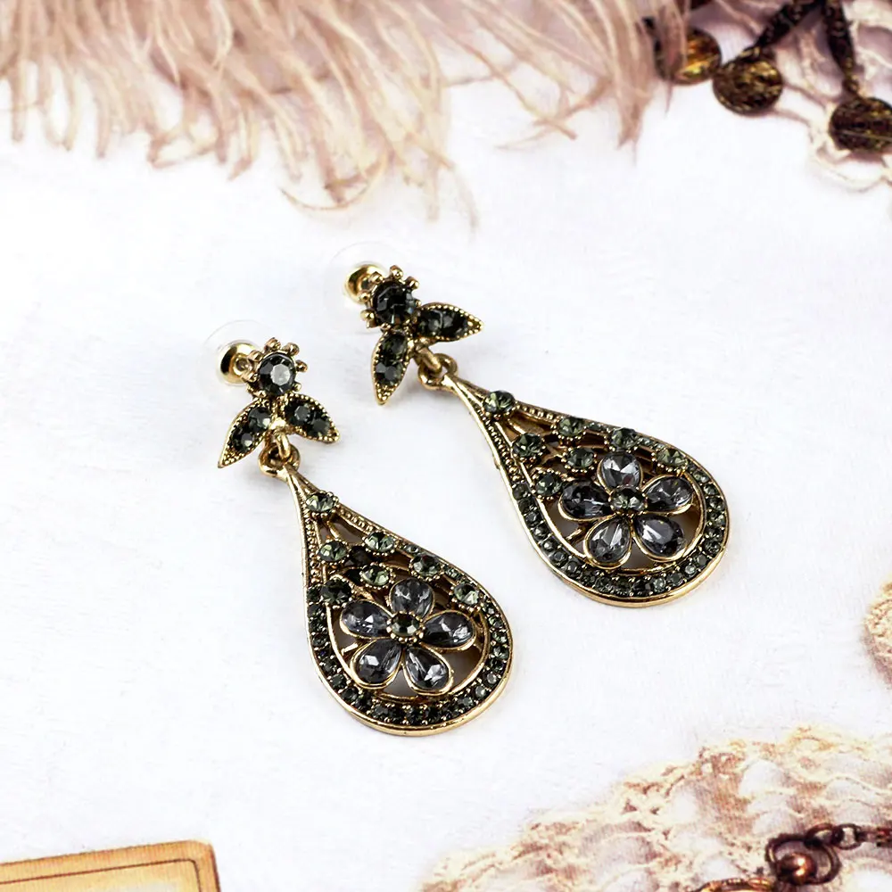 Sunspicems Bohemia Flower Drop Earring Women Grey Crystal Earring Antique Gold Color Turkish Wedding Jewelry Vintage Bridal Gift