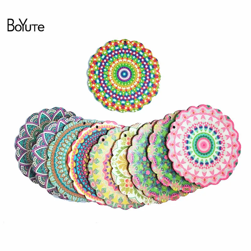 BoYuTe (5 Pairs/Lot) Mix Colors Random Double-sided Patch Mandala Earring Wooden Pendant Charms DIY Jewelry Accessories