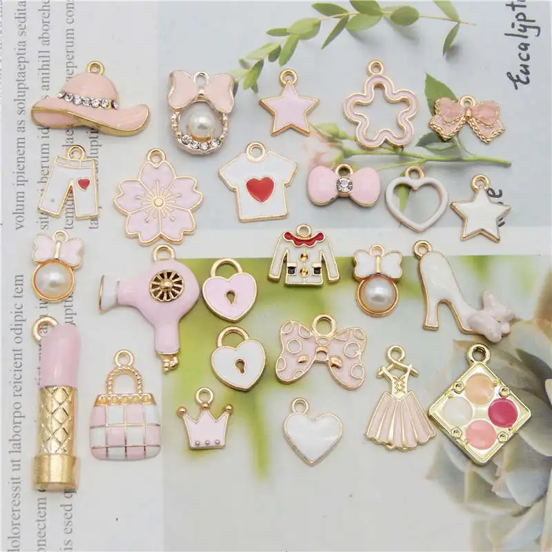 

Julie Wang 25PCS Enamel Charms Mixed Pink White Clothes Flower Star Tie Lipstick Heart Pendants Alloy Jewelry Making Accessory