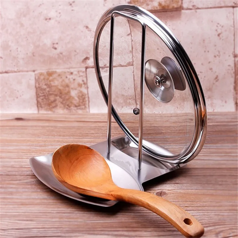 

Stainless Steel Pan Pot Cover Lid Rack Stand Spoon Holder Stove Organizer Home Storage Soup Spoon Rests Kitchen Tools Water Tray