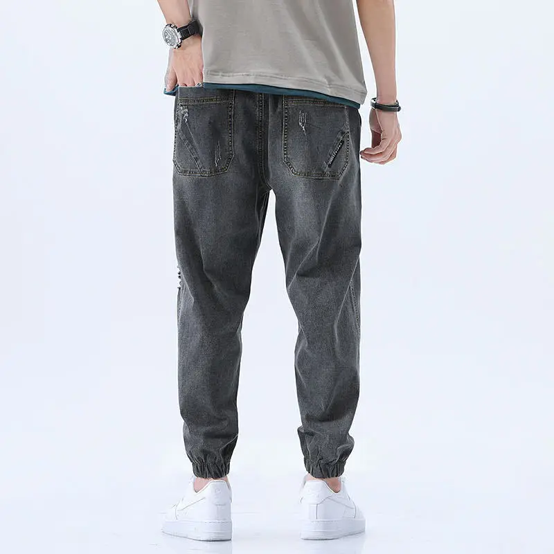 Fall Summer Jeans Men's Loose Cropped Pants Ankle Banded Trousers Stretch Korean Fashion Patchwork Jeans Denim Jeans for Men