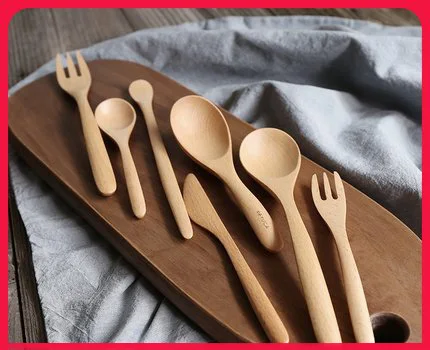 Beech Simple Solid Wood Cutlery Set Meal Fork Stirring Spoon Table Knife Fruit Fork Soup Spoon Dessert Spoon