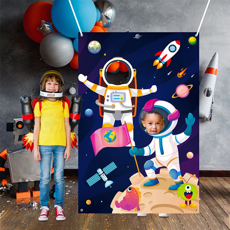 Ruimte Foto Achtergrond Rekwisieten Banner Astronaut Gezicht Fotografie Achtergrond Universe Thema Pretend Play Party Game Levert Voor Kinderen