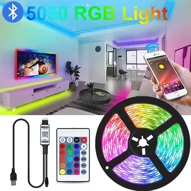 

Светодиодная ленсветильник с Bluetooth, 5050 диодов RGB, гибкая светильник вая полоса, водонепроницаемая до 0,5 м, для подсветки рабочего экрана, телевизора, дома