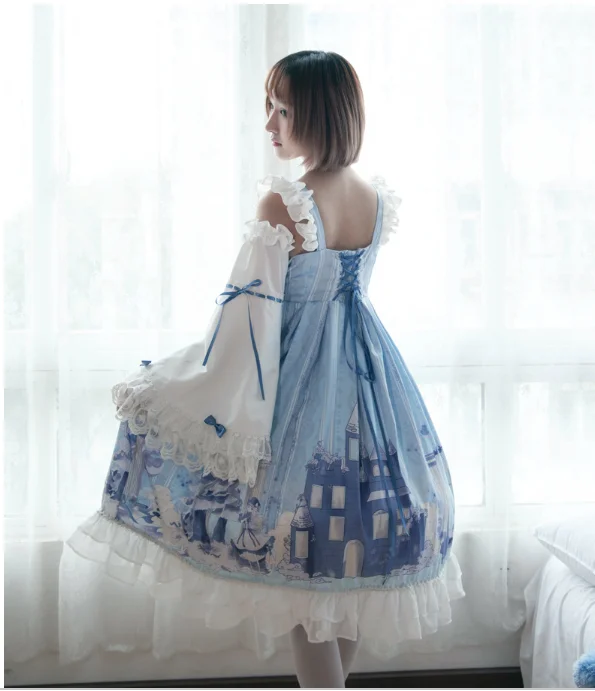 Lolita Paese della Neve Della Ragazza Lolita Vestito Dalla Principessa Del Vestito Pieno Set a vita alta di stampa carino abito vittoriano kawaii ragazza loli gotico