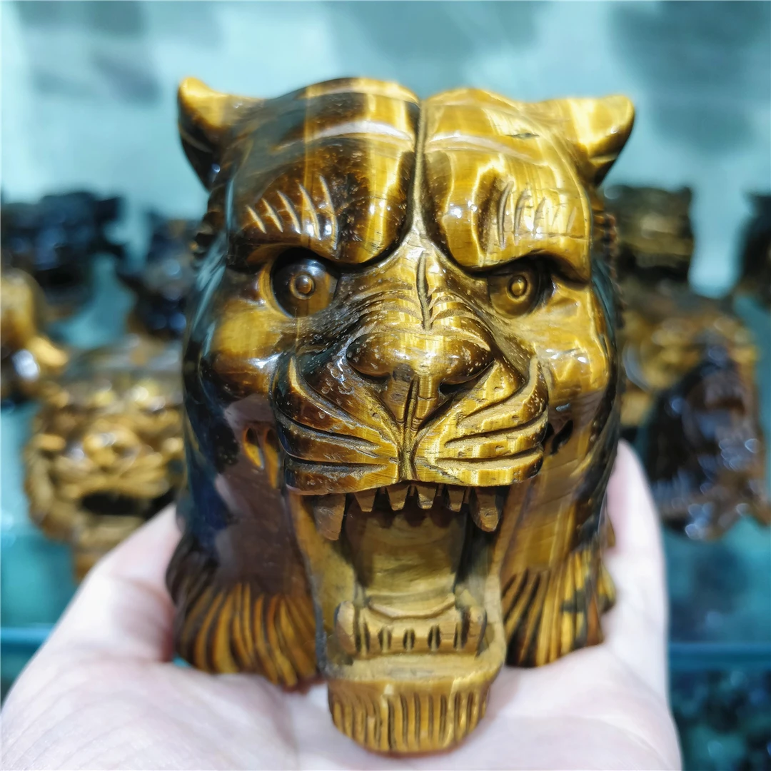 Tiger's Eye Crystal Carved Tiger Head Skull Handmade Expensive Natural Stone Decorative Sculptrue Mineral Collection Man Gift