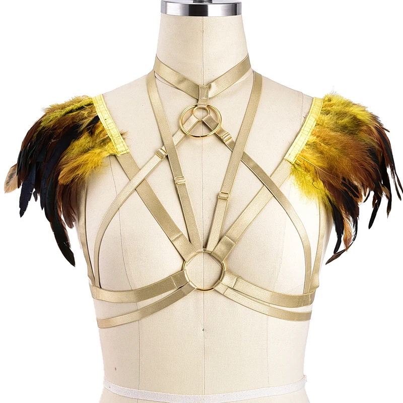 

Women Body Sexy Feather Harness Cage Bra Lingerie Cosplay BurningMan Gothic Top Elastic Adjust Shoulder Epaulettes Harness