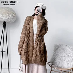 Oversized Chunky Knit Long Cardigan Women 2020 Thick Autumn Winter Coat Pockets Design Ladies Korean Fashion Mohair Sweater