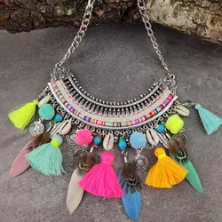 Bohemian Necklaces Pendants Women Handmade Pompom Collar Bib Choker Statement Necklace Ethnic Fashion Jewelry