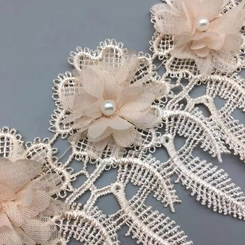 

1 Yard Pink Pearl Beaded 3D Flower Leaf Tassel Lace Trim Applique Fabric Patches Embroidered Sewing Craft DIY Wedding Dress