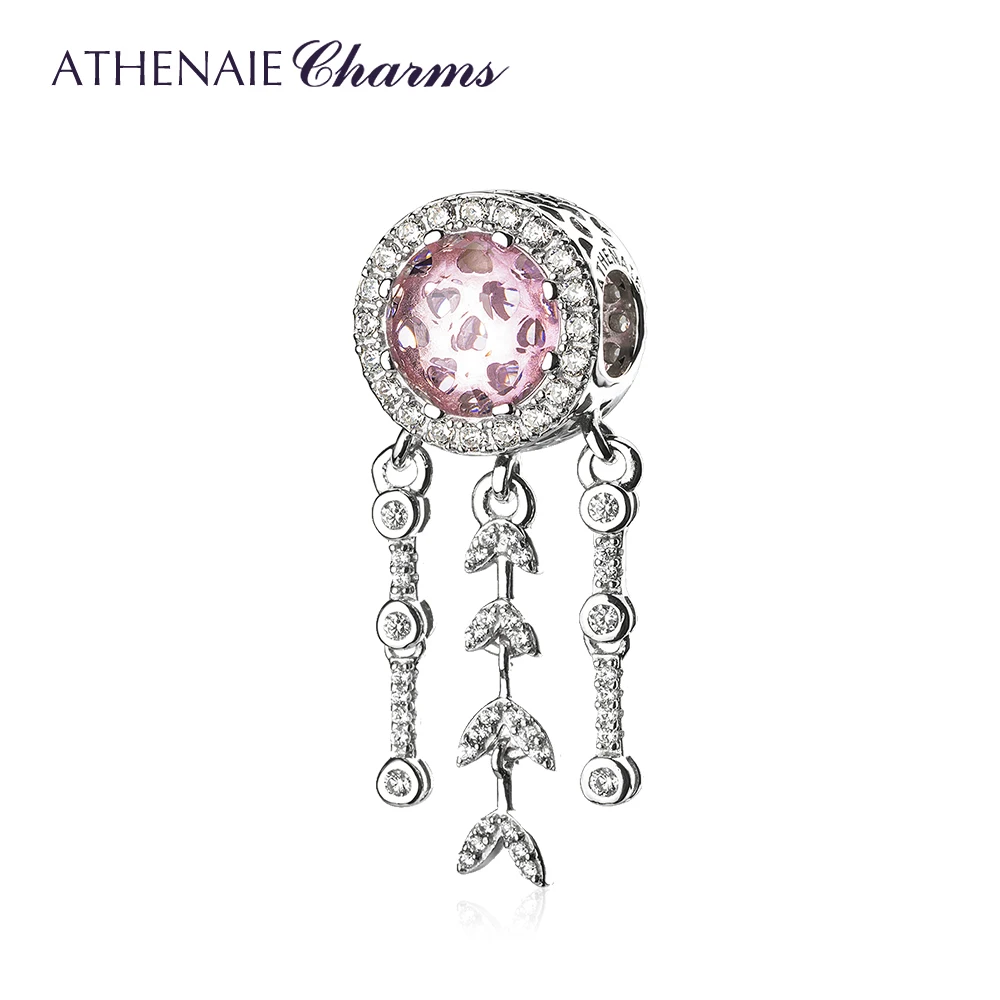 ATHENAIE 925 Sterling Silver Clear Pink CZ Dream Catcher Dangle Charms Beads for Bracelet and Necklace Wedding Jewerly