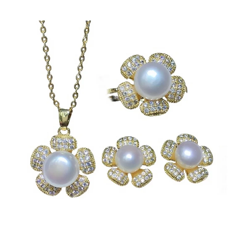 

SINZRY Luxury costume jewelry Cubic Zirconia natural pearl women flower pendant necklace earring ring jewelry sets