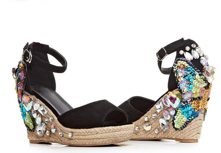 Colorful Butterfly Sequins Rhinestone Embellished Rope Braided Wedge Sandals Woman High Platform Peep Toe Summer Beach Shoes