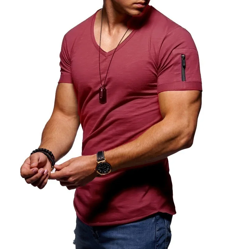 New Summer Men\'s V Neck T Shirt Fitness Bodybuilding Tshirt High Street Short Sleeved Zipper Casual Cotton Top Plus Size S-5XL