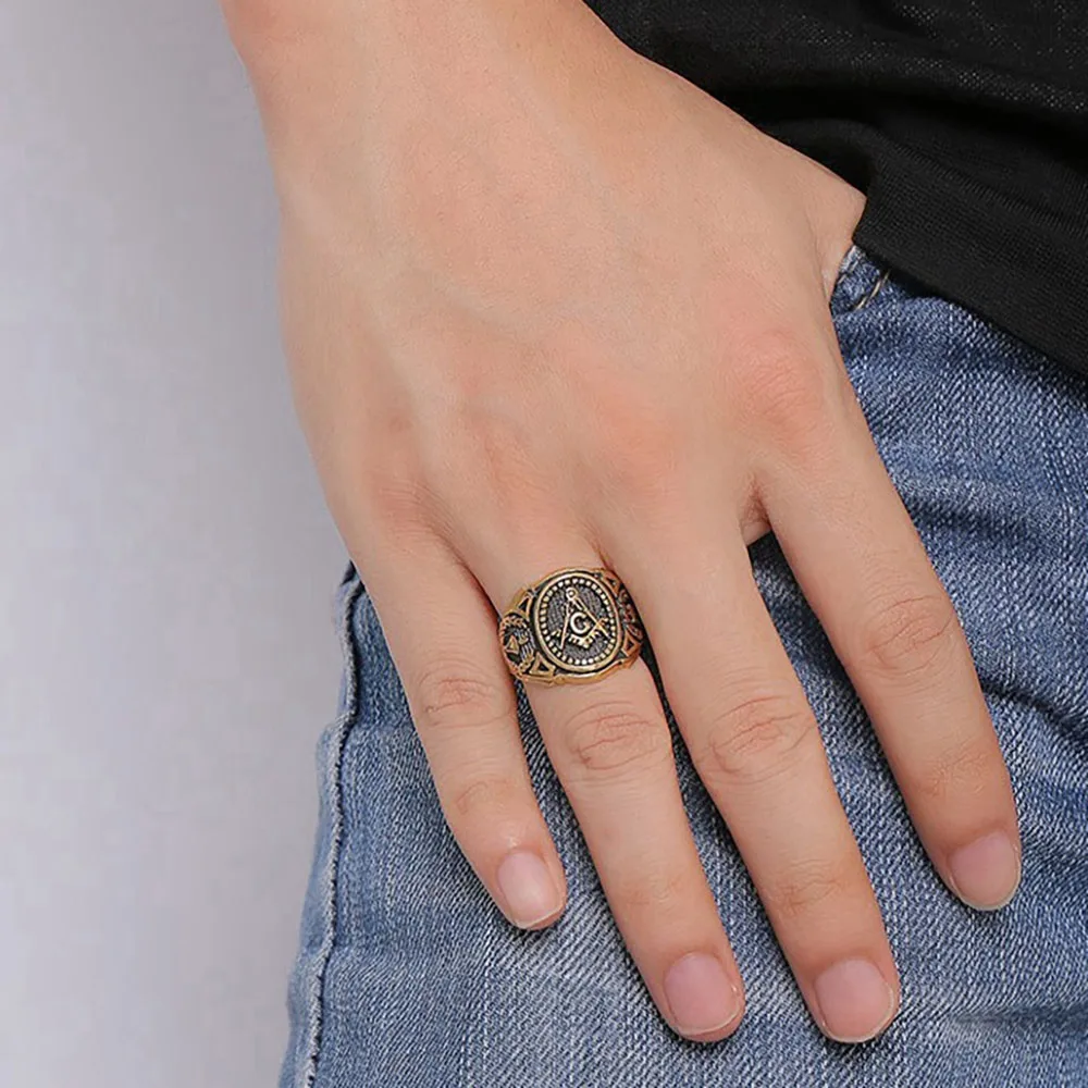 Vintage Men Masonic Rings Quality Stainless Steel Jewelry Wedding Band for Men Retro Gold Color Titanium Punk Rings