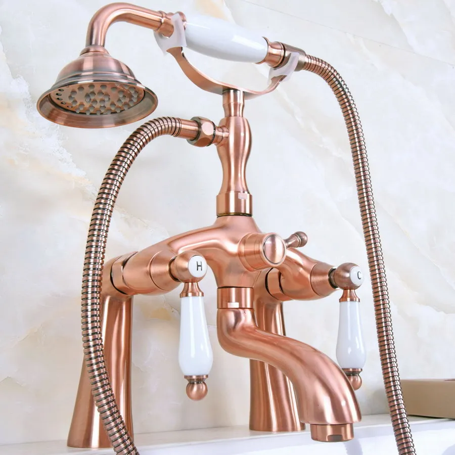 Antique Red Copper Brass 2 Ceramic Levers Deck Mounted Bathroom Two Holes Clawfoot Tub Faucet Mixer Tap With Hand Shower ana166