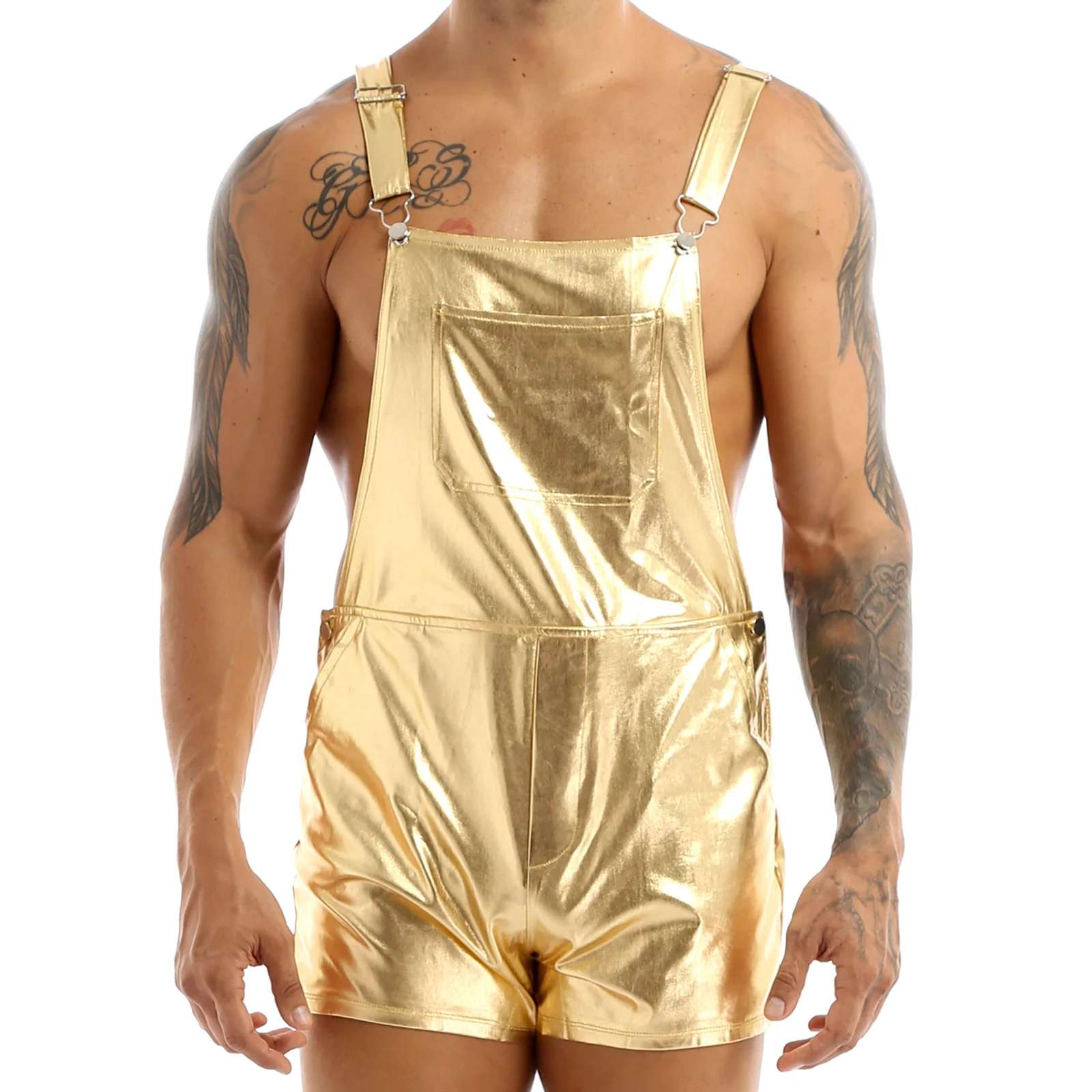 Mannen Metallic Shiny Bib Overalls Jarretel Dungaree Hotpants Shiny Party Carnaval Cosplay Kostuum Festival Clubwear Fancy Dress