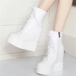 High Top Fashion Sneakers Women Lace Up Genuine Leather Wedges High Heel Pumps Shoes 2022 Female Round Toe Trainers Casual Shoes