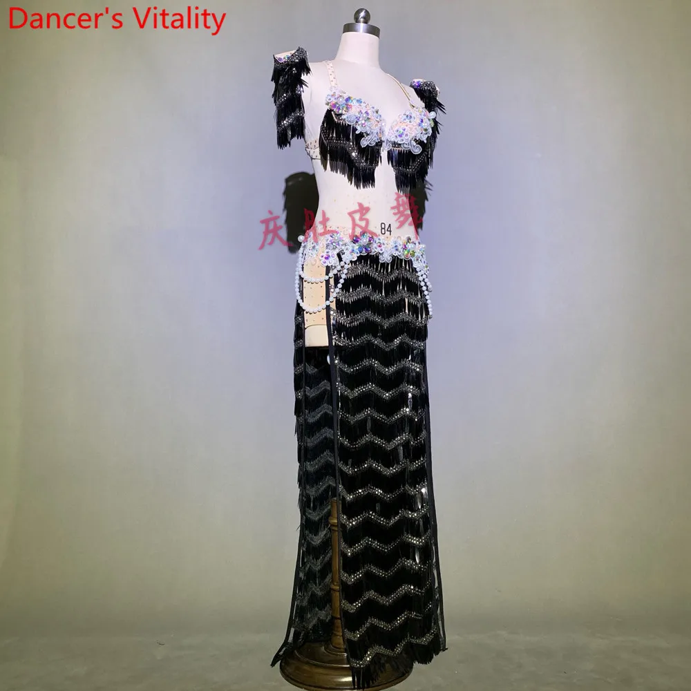 Women Belly Dance Competition Outfits Customized Bra Sequin Tassel Skirt Belt Oriental Indian Drum Dancing Performance Costume