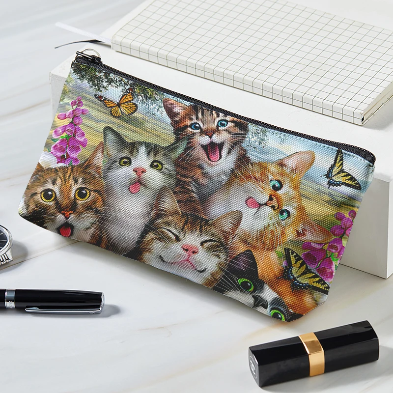 Kawaii Ladies Makeup Bag Creative Fashion 3D Cat Print Canvas Cosmetic Bag Portable Zipper Girls Women Cosmetic Bag Storage Bag