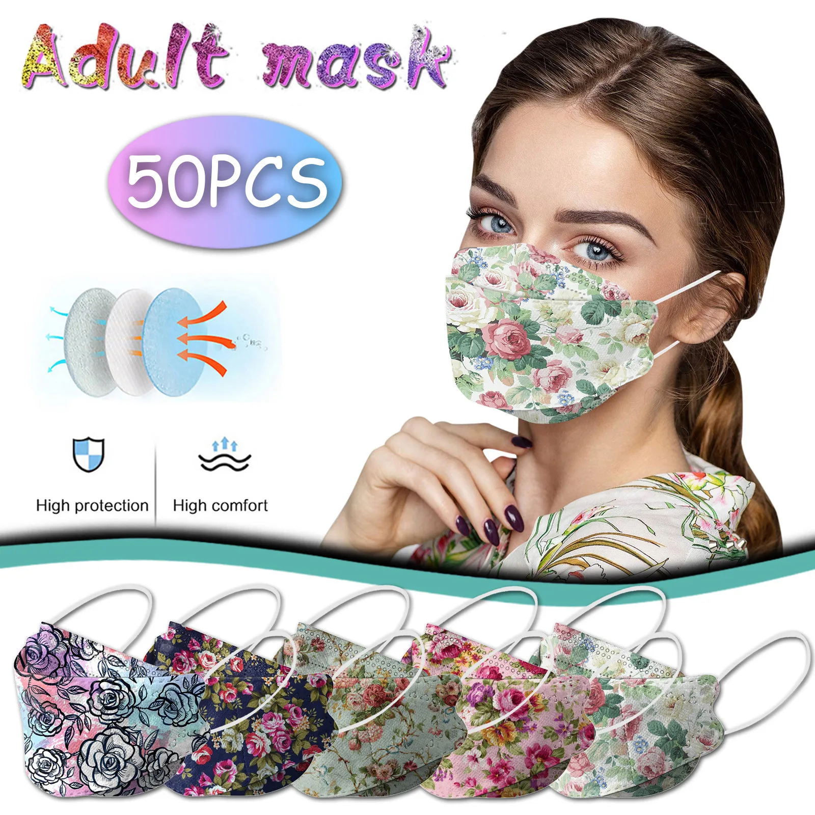 10/50PCS Fish KN95 Mascarillas Flower Print FFP2MASK Reusable Filter Dust Face Mask Adult KN95MASK Protective FFP2 Maska CE FPP2