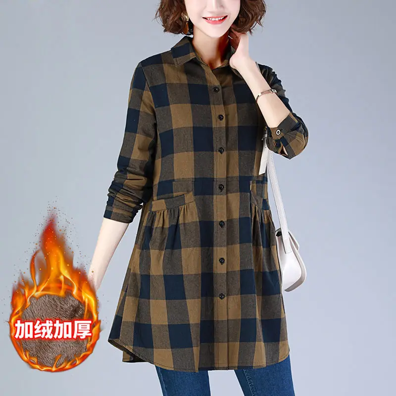 Elegan Velvet Plaid Shirt Women\'s Autumn Winter New Long-Sleeve Mother Fashion Windbreaker Middle-Aged Elderly Thick Spring Coat