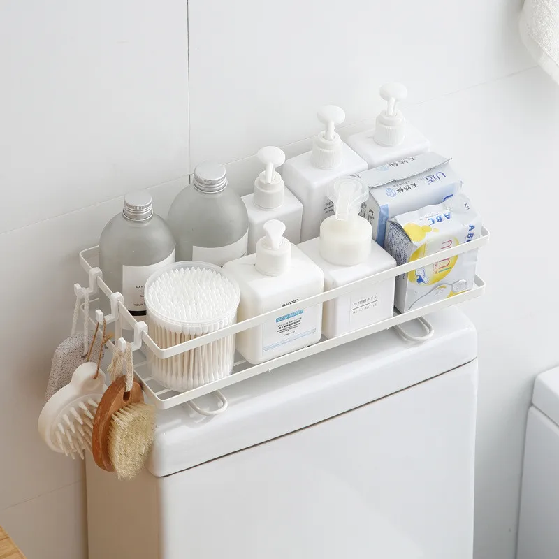 New Metal Over Toilet Organizer Shelf Bathroom Shampoo Shower Gel Storage Rack With Hooks Washroom WC Hollow Draining Racks