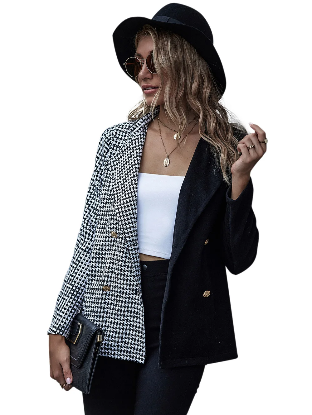 

Women Blazer Smart Casual Color Patchwork Jacket Double Breasted Turn-down Collar Long Sleeve WomenClothing Blazer Coat Female