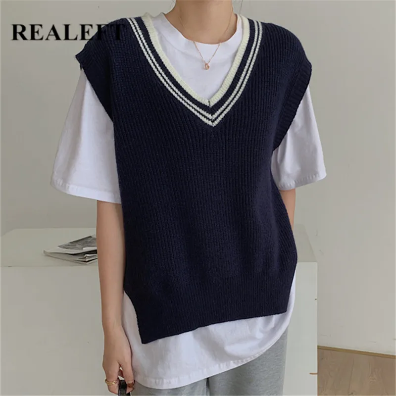 REALEFT 2021 New Autumn Sleeveless Women's Vests Minimalist Contrast Color Knitting V-Neck Casual Loose Ladies Female Tank Tops